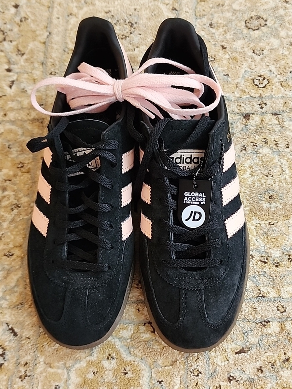 adidas Women’s 8 Black Suede Spezial,Pink Stripes, Black & Pink Shoestrings